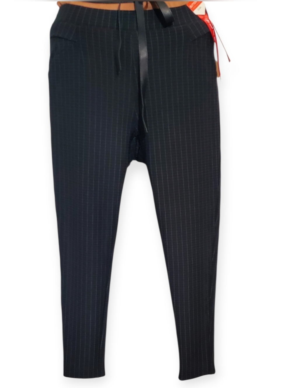 Black Pinstripe Drawstring Trousers